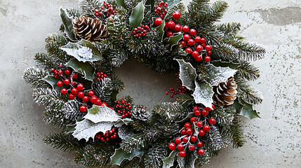 A wreath made of evergreen branches and berries with a red. generated by AI