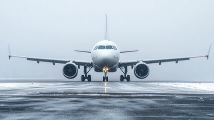 Naklejka premium A striking front view of a commercial airplane on a snow-covered runway. The foggy atmosphere adds a dramatic touch to the scene, showcasing the power and precision of modern aviation.
