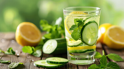 Fototapeta premium Refreshing Lemon and Cucumber Infused Water in a Glass