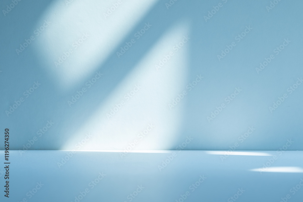 Poster Wall interior background, studio and backdrops show products. with soft light shadow from window color blue and white. background for text insertion and presentation of product	