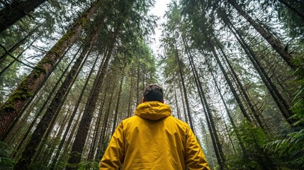 A person standing in a dense forest, looking up at the tall trees that stretch towards the sky.