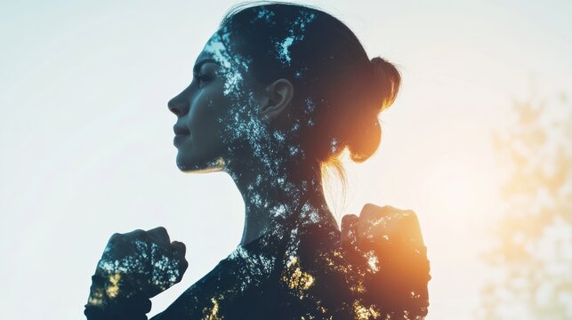 Silhouette of super strong successful business woman. Mental strength, determination, and people power, positive thinking concept. double exposure.