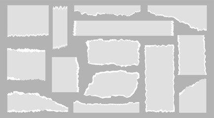 Torn or ripped paper strip collection with grunge edges. Torn notebook page or scrap note with damaged border. Ripped banner. Clipart ripped paper set design. Vector illustration. 