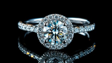 A close-up of a diamond ring with a halo setting, capturing the brilliance of its center stone and surrounding gems