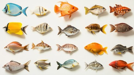 Obraz premium A collection of freshly caught fish neatly displayed on a white backdrop for seafood lovers