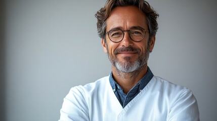 Fototapeta premium Professional healthcare practitioner smiling confidently in a modern clinic with soft lighting