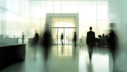 Fototapeta premium Modern Office Building: Professionals Moving Through Glass Doors in a Bright Lobby, Creating a Dynamic Atmosphere of Corporate Success.
