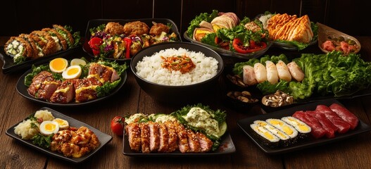 Asian fusion meal kit on wood, various dishes