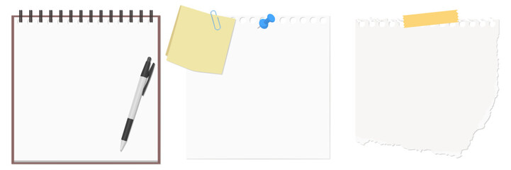 シンプルなメモ帳、メモ紙、破れたメモ紙、ボールペンのセット