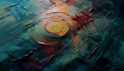 An abstract painting with thick and textured brushstrokes. The main focus of the painting is a swirling pattern with a yellow center, surrounded by layers of red, orange, and blue.