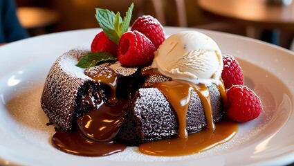 rich chocolate lava cake with molten chocolate oozing out, dusted with powdered sugar, served with a scoop of vanilla bean ice cream on the side. The dessert is drizzled with caramel sauce and topped 