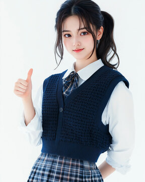a teen Western female in a Western-influenced school uniform, with a navy blue sweater vest over a white blouse and a plaid skirt in tones of gray and blue.  She&rsquo;s giving a thumbs-up with one hand