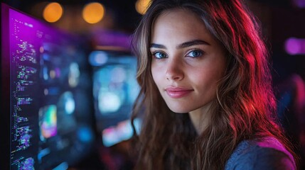 A confident woman sits in a colorful, tech-driven environment with glowing screens, symbolizing innovation, coding, and digital creativity, highlighting her expertise in technology
