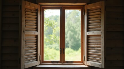 Fototapeta premium Rustic open window, close-up of wooden shutters ajar