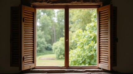 Obraz premium Rustic open window, weathered wooden frame