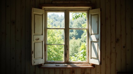 Fototapeta premium Rustic open window, weathered wooden frame