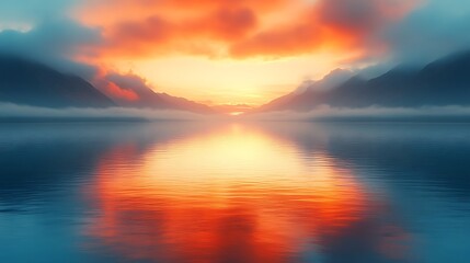 Fototapeta premium Vibrant sunset reflecting on calm lake water between misty mountains.