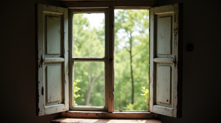 Fototapeta premium Rustic open window, weathered wooden frame