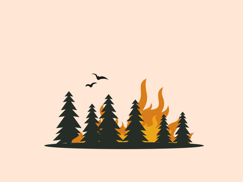 The image depicts a forest fire, with flames rising amidst dark green pine trees