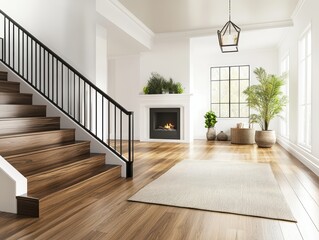 Modern home entryway, wood stairs, fireplace, plants, sunlight