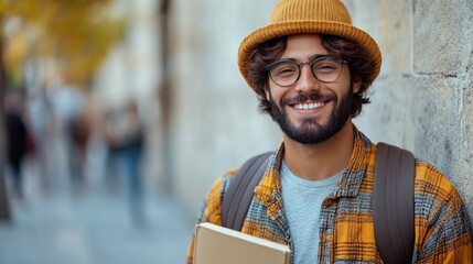 Smiling young man with glasses and a hat holding a book, standing against a blurred urban backdrop