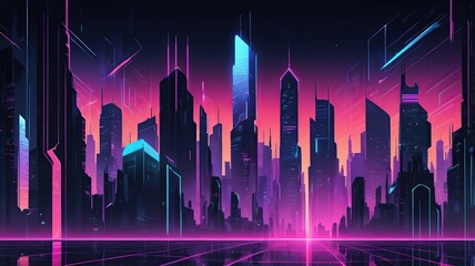 Cyberpunk vector background with neon grids, glowing skyscrapers, and a futuristic cityscape.