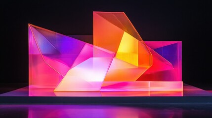 A glowing geometric stage illuminated with ultraviolet light, vibrant neon shapes, and reflections on a sleek surface