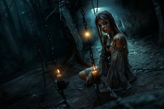 Beautiful girl a medieval prisoner chained in a dark dungeon.