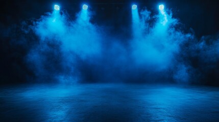The dark stage shows, empty dark blue scene background, neon light, and spotlights The asphalt floor and studio room with smoke float up the interior texture for display products.