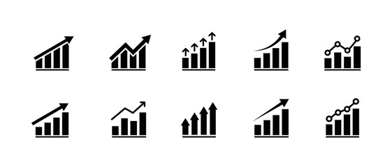 Set growth graphs charts line icons set. Data elements, bar and pie, diagrams for business infographics. Visualization of data statistic and analytics. Financial rise up. Increase profit.