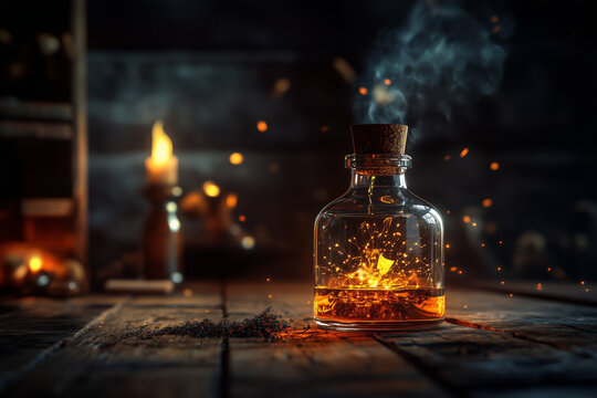 Magical potion, elixir on a wizard table sparks background front view.