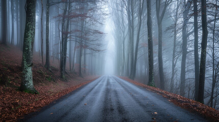 Naklejka premium Long Straight Avenue Disappearing into Dense Foggy Forest Landscape