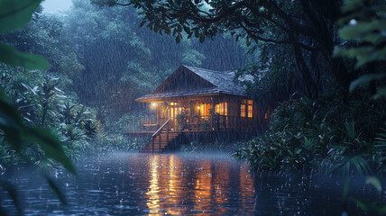 Fototapeta premium Traditional Asian Stilt House Glowing with Warm Light in Rainy Evening Forest Scene