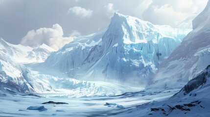 Majestic Glacier in the Distance with Icy Blue Tones and Clouds