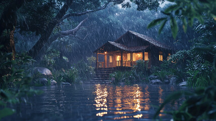 Traditional Asian Stilt House Glowing with Warm Light in Rainy Evening Forest Scene