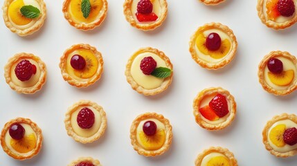 A luxurious array of custard-filled tarts topped with vibrant fresh fruit on a minimalist white background.