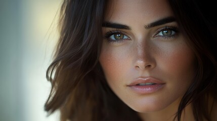 Fototapeta premium A captivating close-up portrait showcasing a woman's beauty. Her stunning hazel eyes and delicate freckles add to her allure.