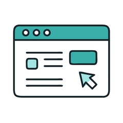 Web browser icon with pointer and buttons in teal outline