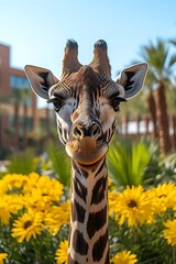 Close-up of a giraffe's face in front of yellow flowers.