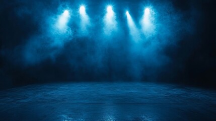 Naklejka premium The dark stage shows, empty dark blue scene background, neon light, and spotlights The asphalt floor and studio room with smoke float up the interior texture for display products.