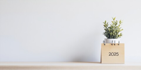A contemporary desk calendar for 2025 featuring a natural wooden stand paired with a potted plant, emphasizing simplicity and fresh design on a white backdrop. 