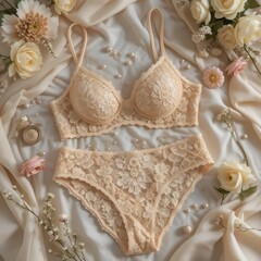 Beige floral Lace lingerie set with floral decoration