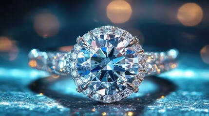 Fototapeta premium A macro shot of a diamond ring with intricate side stones, glimmering under soft studio lighting