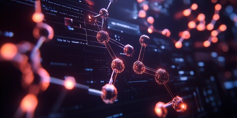 Futuristic molecular structure with glowing connections on tech background.