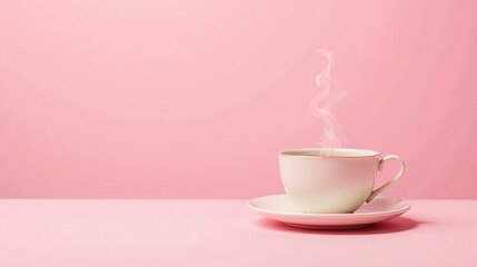Aromatic Steam Rising from a Delicate Teacup on a Pastel Pink Surface