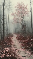 Naklejka premium Misty forest path, pink blossoms, serene scene.