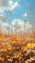 Obraz premium Vibrant yellow wildflowers under a sunny sky