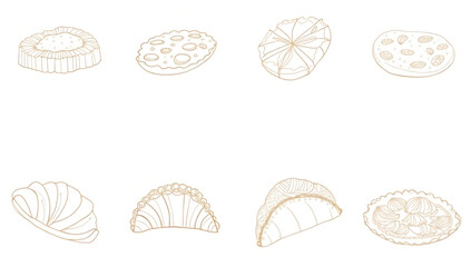 Obraz premium “Minimalist Food Illustration of Popular Dishes” – Simple and artistic line illustrations of globally recognized dishes like sushi, pizza, tacos, and croissants, on a clean white background. 