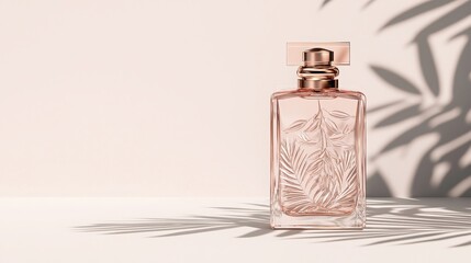 Elegant perfume bottle mockup simulation in minimalist style studio setting soft lighting and shadows