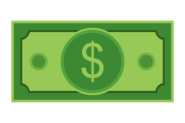 Dollar cash money currency note in green color. Dollar bill, green currency bank note, cash and money symbol. Flat vector illustration isolated on white background.